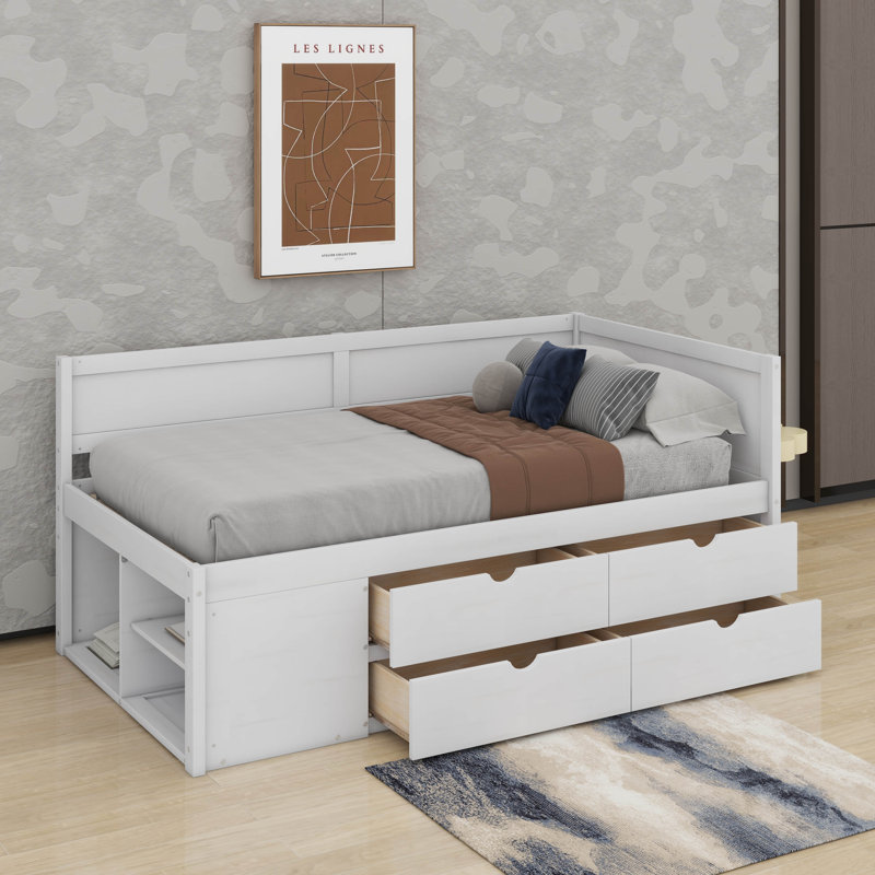 Lit de jour simple avec tiroirs et tablettes, Lit simple, Blanc