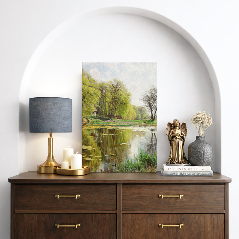 Tranquil Forest Lake Reflection, Green Nature Waterside, encadré, impression sur toile, H 18 po x l 12 po x P 1,5 po