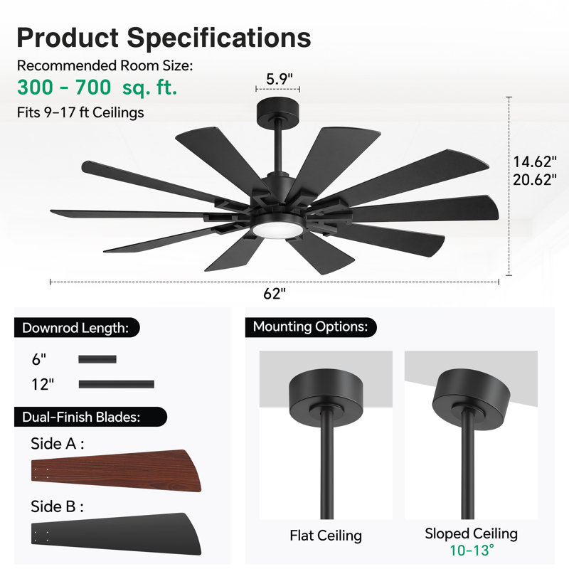 62” Modern Ceiling Fan with Light and Remote, 10-Blade Indoor Fan with Quiet Reversible DC Motor, 3CCT Dimmable LED for Large Living Rooms