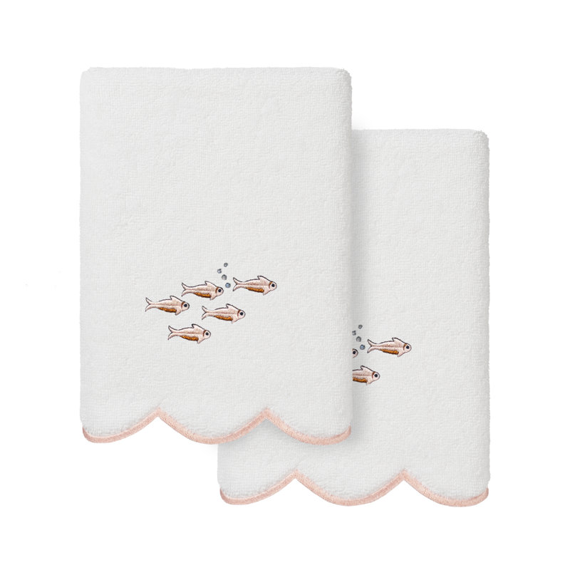  Ensemble de serviettes 100% coton festonné 2 pièces, Blanc/vert, Hand Towel - 2 Pack