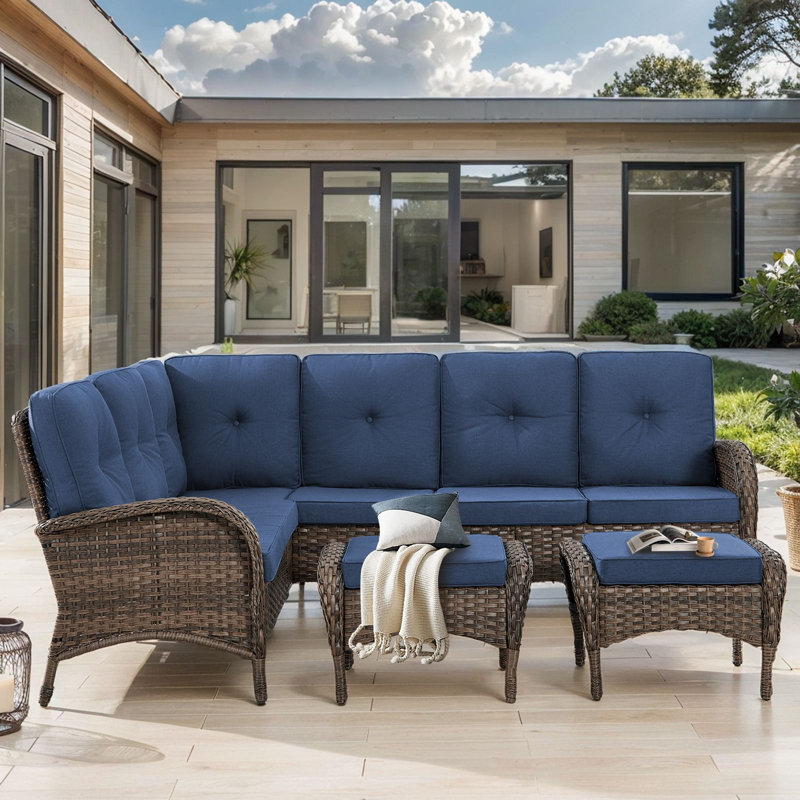 Valierius  L-Shaped Outdoor Sectional Sofa Set With Wicker Ottomans For Patios & Gardens, Blue