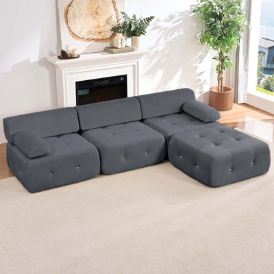 Mercer41 100.4” Velvet L-Shaped Modular Cloud Couch with Reversible Ottoman,4 Seater Button Ring Tufted Combination Sofa for Living Room