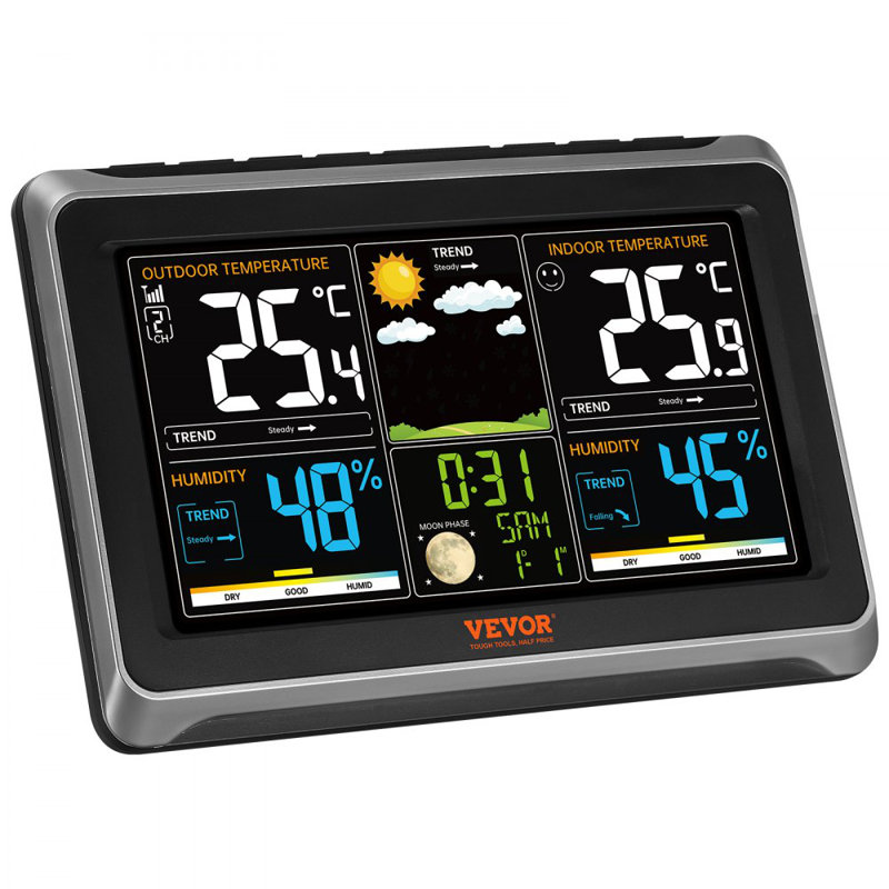 Weather Station Indoor Outdoor, 7.5 in Large Colour Display, Wireless Digital Home Weather Station, with Sensor Atomic Clock Adjustable Backlight Forecast Data Calendar Alarm Alert Temperature