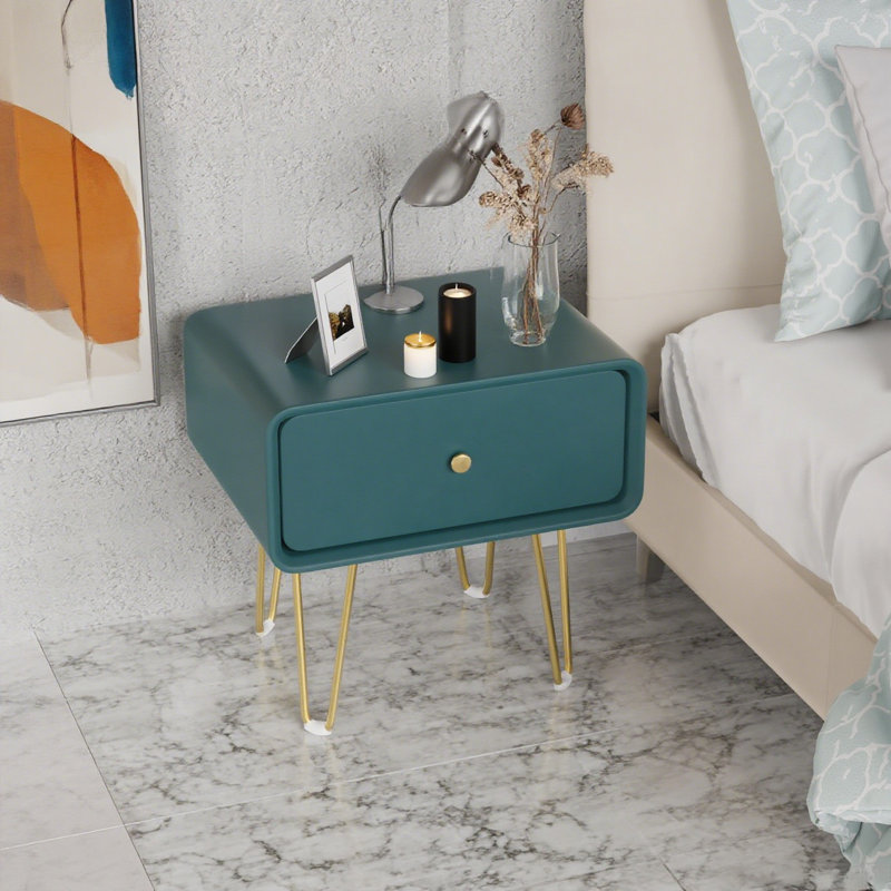 Single Drawer Dark Green Solid Wood Bedside Table