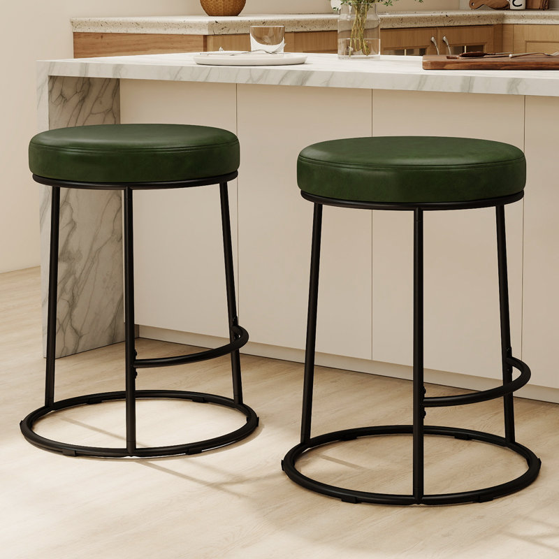 Iron Counter Stool with Iron Frame, Green Faux Leather, 2