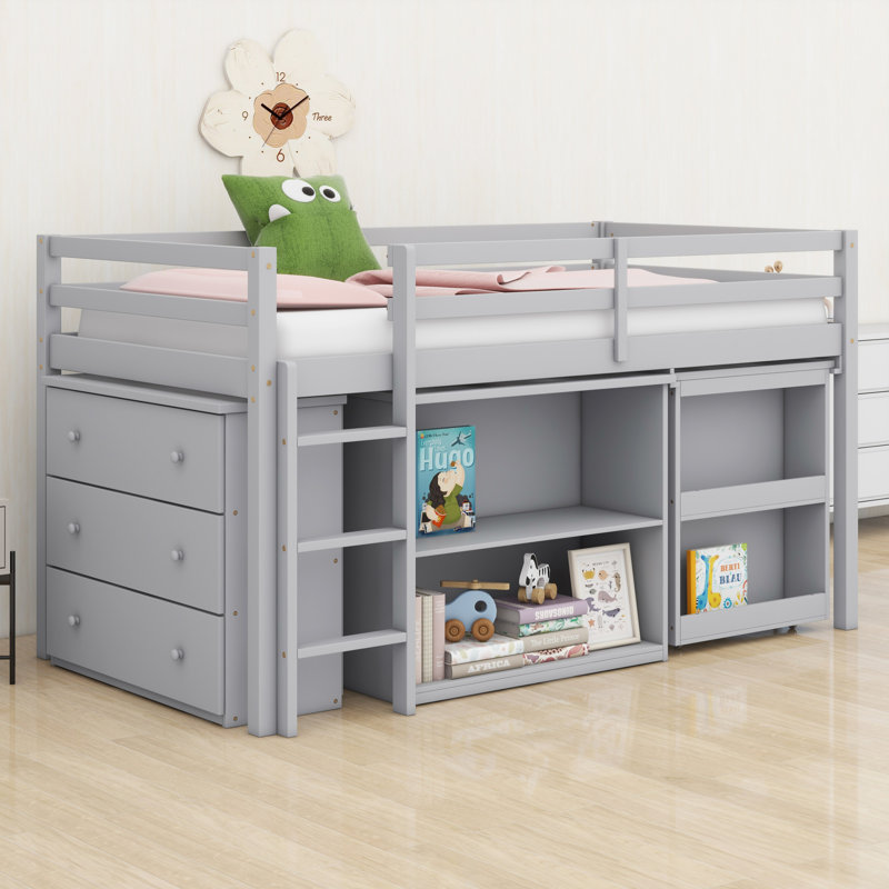 Lit mezzanine pour enfants avec tiroir, tablettes, bureau coulissant et garde-corps, Gris
