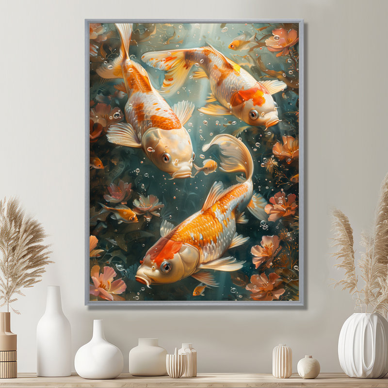 Orange, corail, blanc, poisson koi, merveille - aquariums, art mural, salon, White Floater Framed, H 24 po x l 32 po