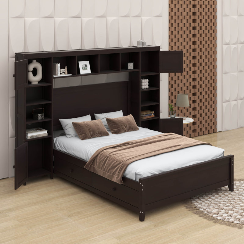 Lit double en bois avec armoire et tablette, Espresso
