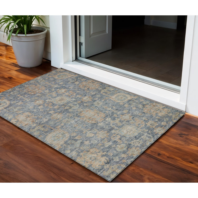 3' X 5' Denim Blue Brown And Beige Damask Washable Indoor Outdoor Area Rug