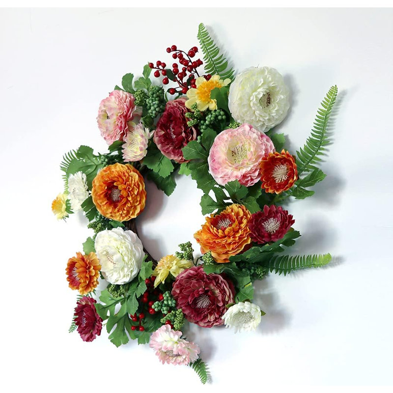19” Artificial Peony Flower Wreath for All Seasons Farmhouse Indoor Outside Wall Window Decor , 18" H x 18" W x 3" D