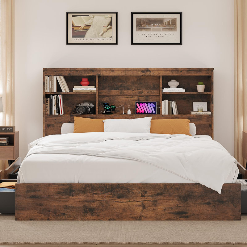 Cadre de lit avec tête de lit bibliothèque haute, cadre de lit en bois avec 4 tiroirs de rangement, Gris, Lit double