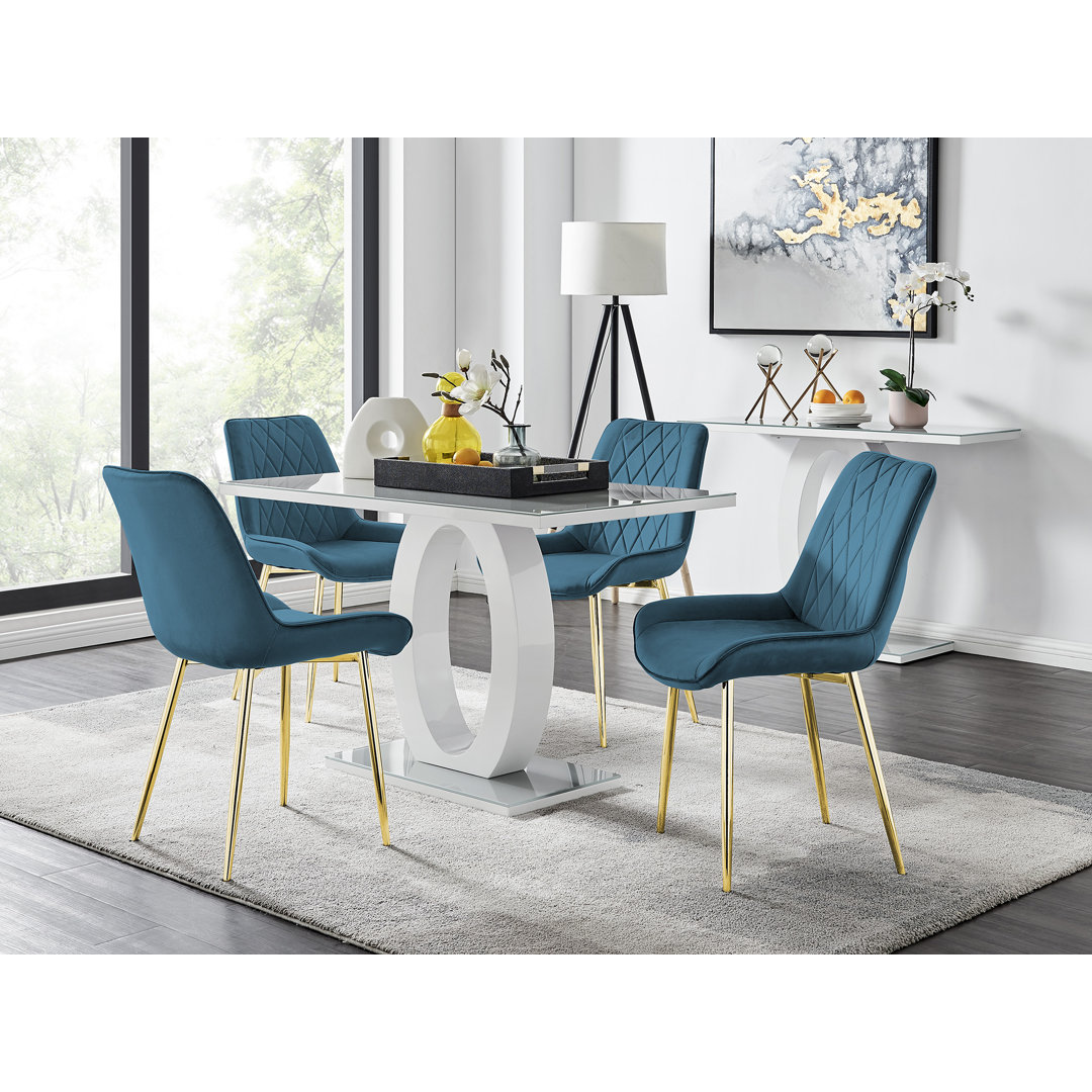 Scottsmoor Modern High Gloss Halo 4 Seater Dining Table Set with Luxury Velvet Dining Chairs East Urban Home Chair 