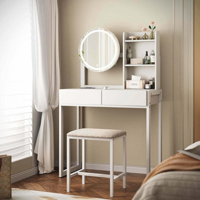 Small LED Lighted Vanity Desk with Mirror, Makeup Table with 3 Lighting Modes, Power Outlet, Drawer, Open Shelves & Cushioned Stool for Bedroom, White