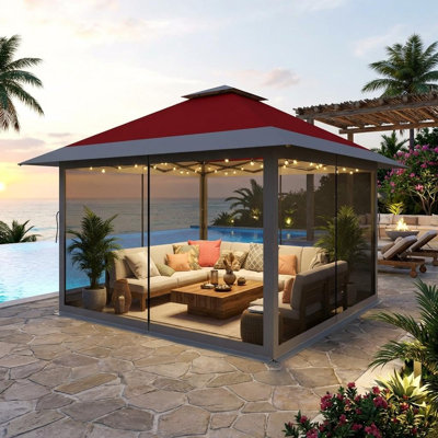 Pavillon de jardin escamotable 12 x 12, tente de pavillon à installation instantanée avec moustiquaire et 4 sacs de sable, abri imperméable et à l'épreuve du vent pour les fêtes de barbecue sur la terrasse de la cour arrière, assemblage facile et portable
