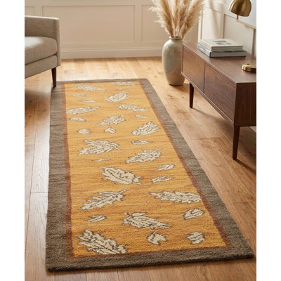 Gold Brown 2'6" x 10' Wool Handmade Floral Hand Knotted Runner Indoor Area Rug