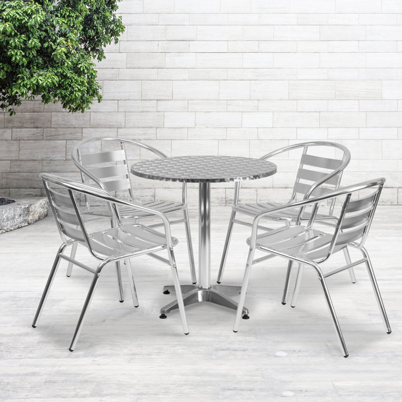 Johannette Round Aluminum Indoor-Outdoor Restaurant Dining Table Set with 4 Slat Back Chairs, 27.5" D x 27.5" W x 27.25" H