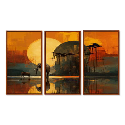 African Elephant Full Moon Savanne - Elephant Animal Wall Art Set
