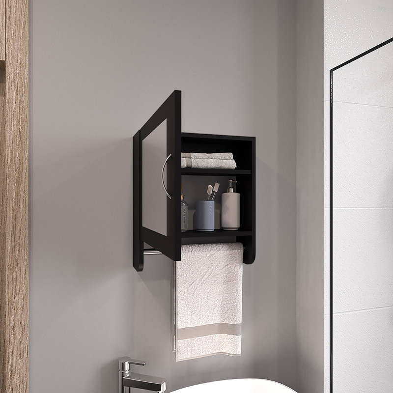 19.7" H X 17.7" W Mirror Medicine Cabinet With Towel Rack White, One Door With Two Interior Shelves For Bathroom, Kitchen Black