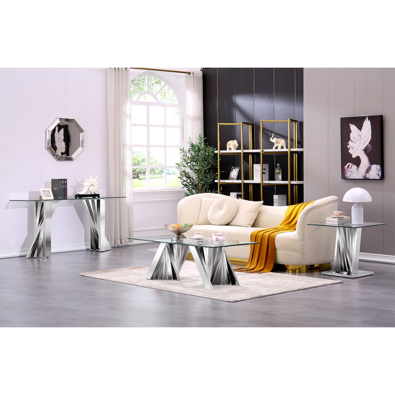 Everly Quinn Glass End Table, Silver