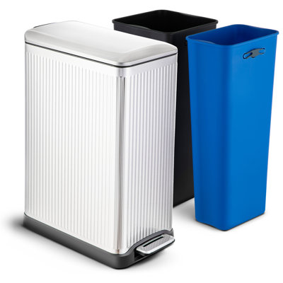13 Gallon Stainless Steel Kitchen Trash Can with Dual Compartments, Step-On Pedal and Slow Closing Lid