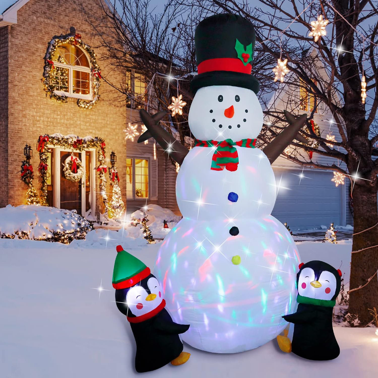 The Holiday Aisle® 8FT Christmas Inflatable Snowman Outdoor Decorations,  Christmas Blow Up Snowman With Two Penguins Decoration, Built-In LED Lights  For Holiday Outdoor Indoor Party Lawn Yard Garden | Wayfair, image size:1500x1500