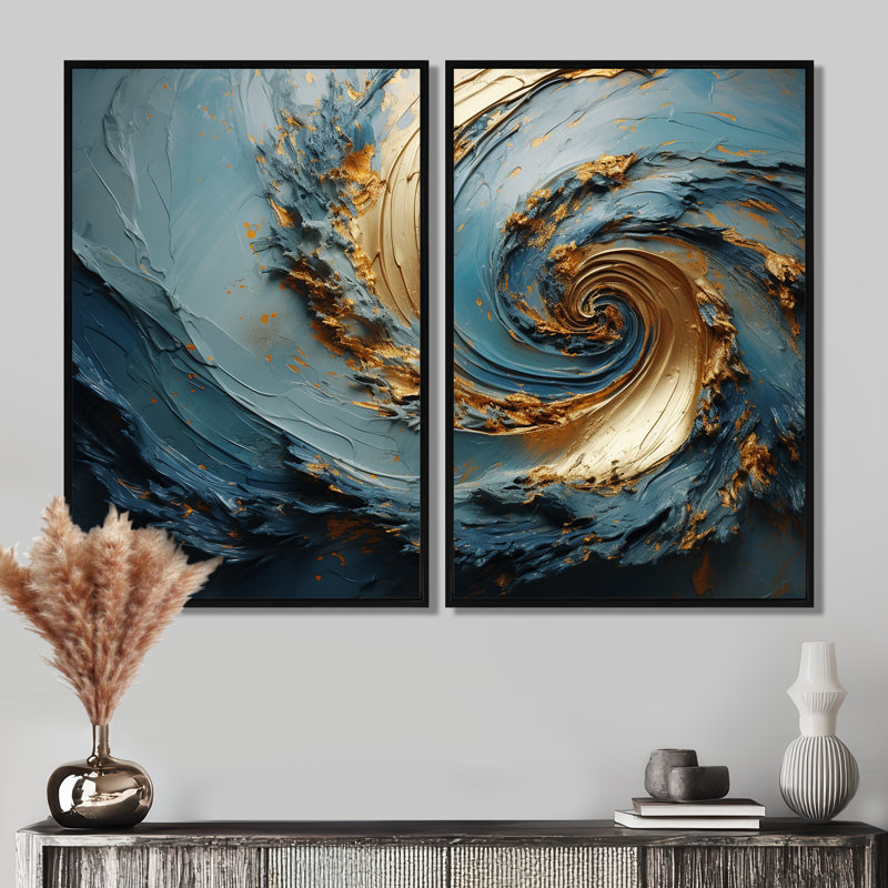 Vortex doré et bleu - 2 impressions sur toile rose moderne, Black, 36" H x 48" W, Impression encadrée flottante