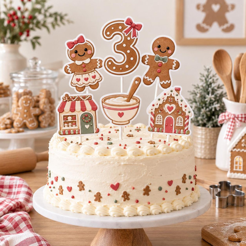 Custom Age Gingerbread Bakery Cake Topper Set, Christmas Birthday Cardstock Picks (Age: 6), 6