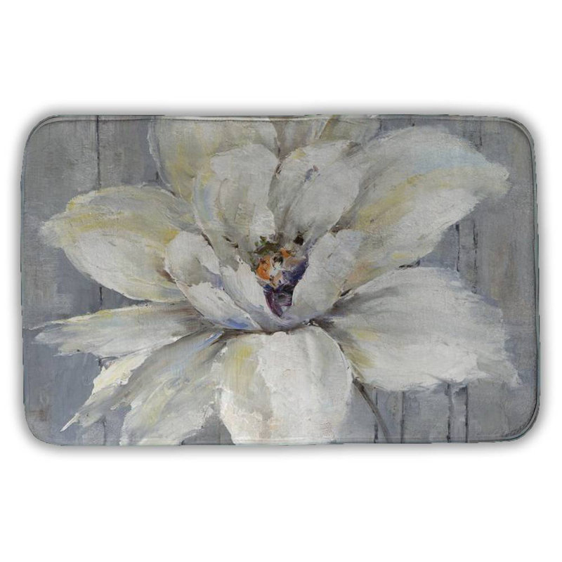 White flower on wood Bath Mat with Non-Slip Backing - Quick Dry Memory Foam Bathroom Rug - Absorbent - Modern Plush Spa-Style - Machine Washable