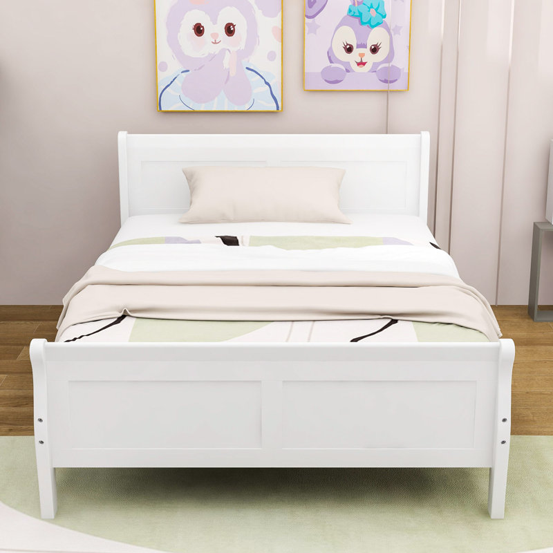 Lit plateforme en bois avec tête et pied de lit, Double, Blanc