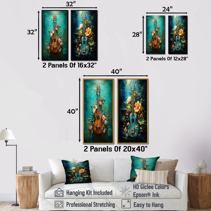 Guitare tropicale, musique euphonique - ensemble de 2 impressions sur toile, Cadre blanc, H 28 po x l 25 po