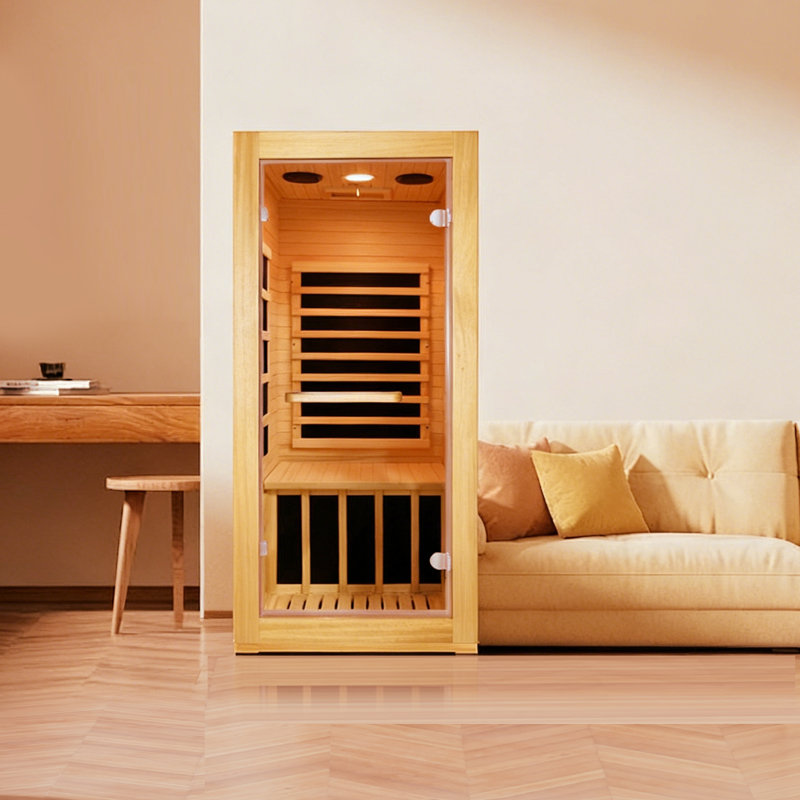 1-Person Infrared Sauna, Compact AUS Wood Indoor Home Sauna With 10-Color LED Downlight, 900W Energy Efficient Design For Home Spa, Relaxation And Wellness For Adults