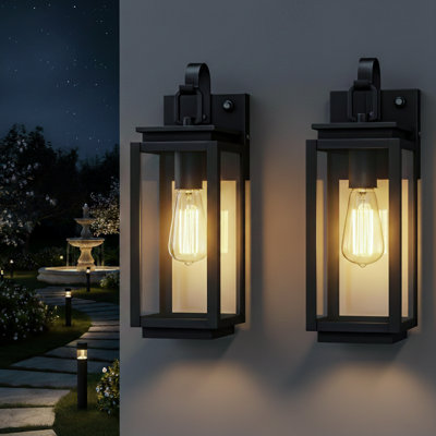 Black 14.5''H Motion Sensor 1-Light Outdoor Wall Lantern with Clear Glass Shade Waterproof
