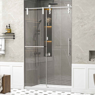 Frameless Single Sliding Shower Door With Adjustable Width, Towel Rail, And Auxiliary Handle For Modern Bathrooms