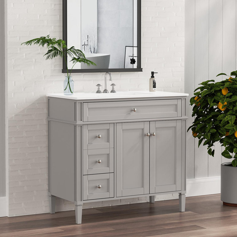 36'' Single Solid Wood Construction Bathroom Vanity With Ceramics Top, 2 Power Outlets, 1 Usb Port, And 1 Tybe C Port, Gray