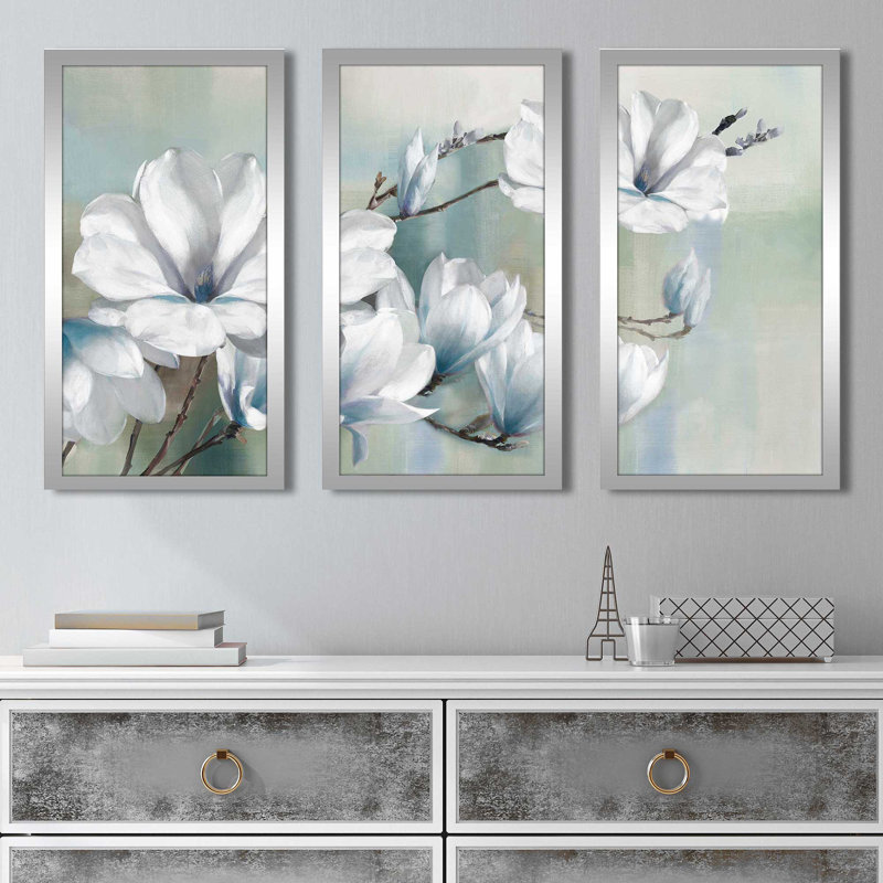 «Spring Magnolias» par Rogier Daniels - 3 pièces encadrées, H 33,5 po x l 52,5 po x P 1 po