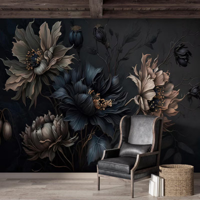 Dark Moody Floral Wall Mural – Gothic Botanical Black Background Oversized Flower Panoramic Accent Wall Decor
