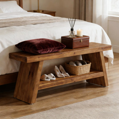 Banc à chaussures à 2 niveaux, bois massif, brun rustique, conception de rangement ouvert, utilisation polyvalente dans le couloir, la chambre à coucher ou comme siège de salle à manger supplémentaire, montage rapide, fabrication en bois rectangulaire de 46,38 po de profondeur, rangement
