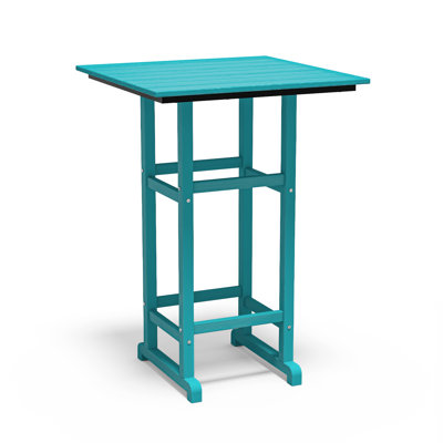 All-Weather HDPE Outdoor Bar Table – 42" Tall Square Patio Pub Table with Footrest, Weather-Resistant Faux Wood Grain Finish, Indoor/Outdoor Use – Aruba Blue