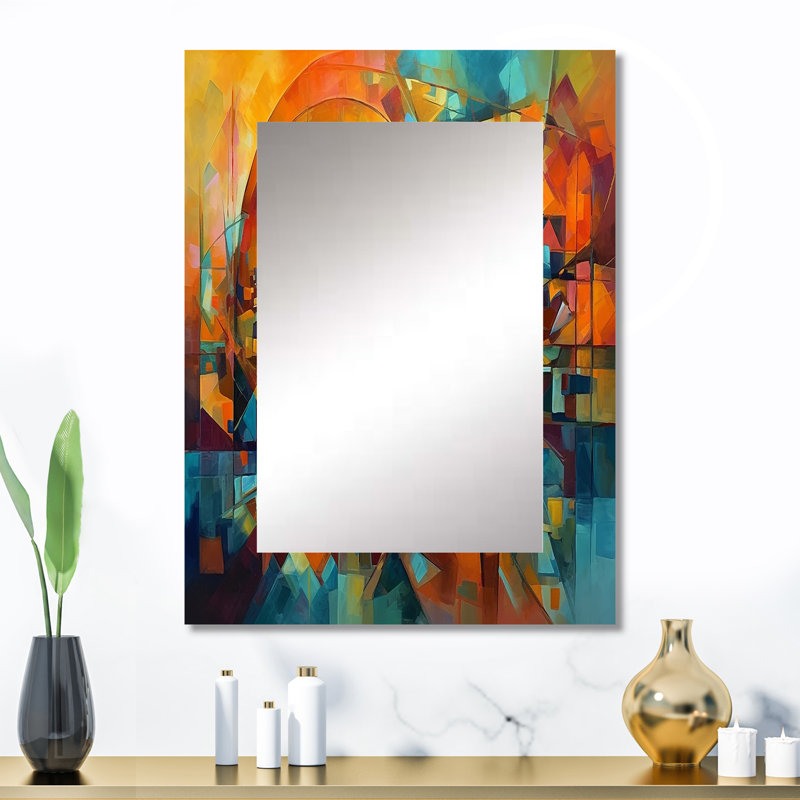 «Abstracting The Cubist Form I» - miroir mural cubique, miroir décoratif orange, impression d'art en métal, 32 po x 24 po