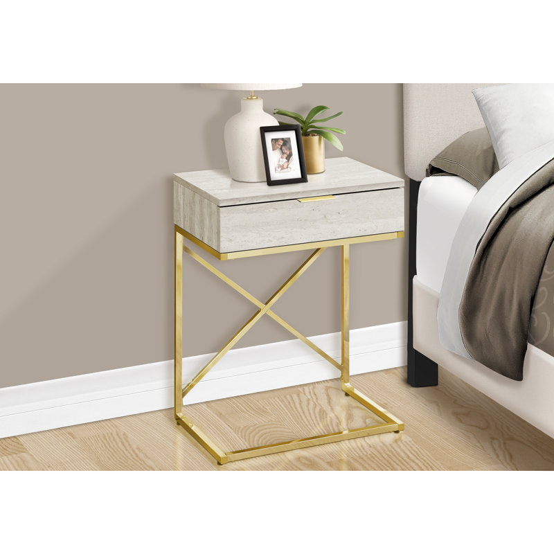 Table d'appoint moderne avec plateau beige et supports en métal doré, tiroir de rangement pour la décoration de chambre, base décorative effet marbre, polyvalente pour le salon