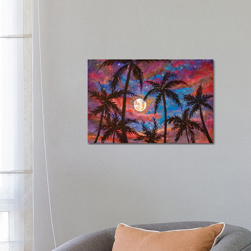 Beautiful Palm Trees, Pink Purple Sunset And Large Moon by Valery Rybakow - Painting on Canvas, Wrapped Canvas
