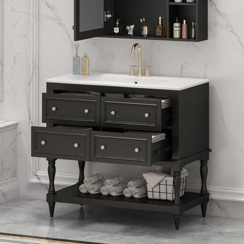 Ensemble de meuble-lavabo 36 po avec lavabo 36 po, lavabo en céramique encastré, ensemble de meuble-lavabo autoportant avec 4 tiroirs, armoire de salle de bain avec cadre en bois massif
