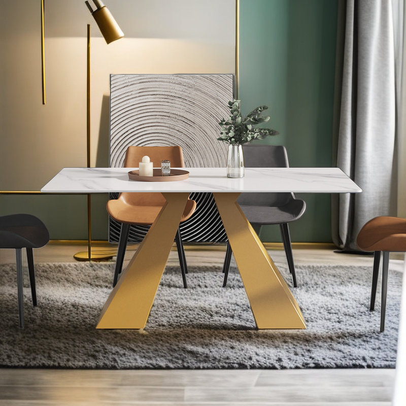 Modern White Marble Rectangular Dining Table with Gold Pedestal