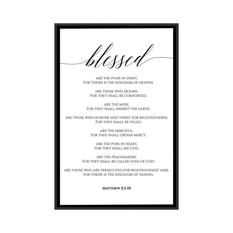 "Béatitudes, Matthieu 5:3-10" par Eden Printables, reproduction d’art textuel, Pas de tapis, Toile avec cadre noir