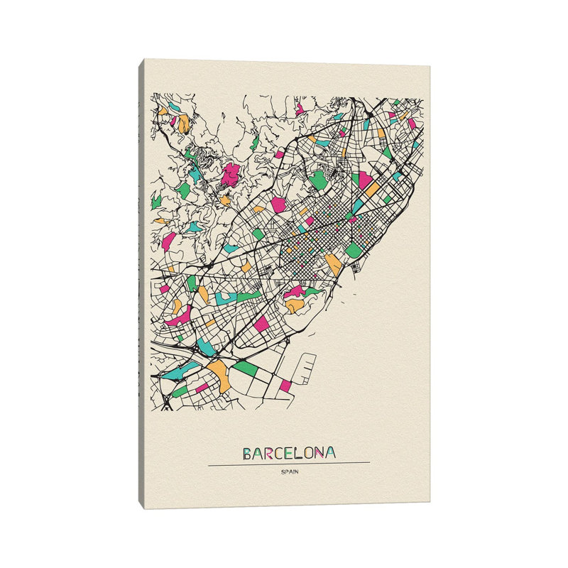 Barcelona, Spain Map by Ayse Deniz Akerman - Print on Canvas, 66.04 cm H x 45.72 cm W x 1.91 cm D, Wrapped Canvas