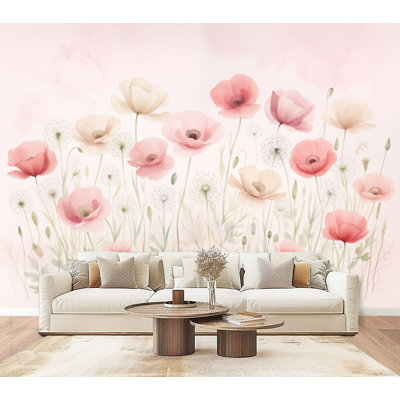 Papier peint adhésif à motif floral beige, aquarelle et feuilles vertes douces H 69 po x l 96 po, papier peint amovible en PVC pour chambre à coucher, salon, chambre de bébé