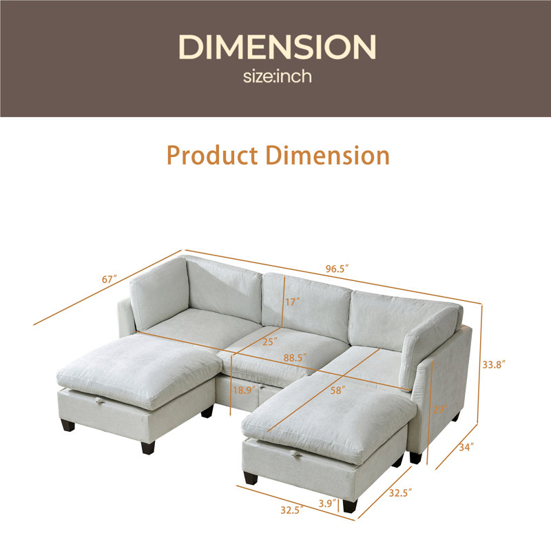 96.5" Sectional Couch For Living Room, Upholstered Soft Chenille Fabric Sofa With Storage, 3-Seater With Two Ottomans U Shape Sofa