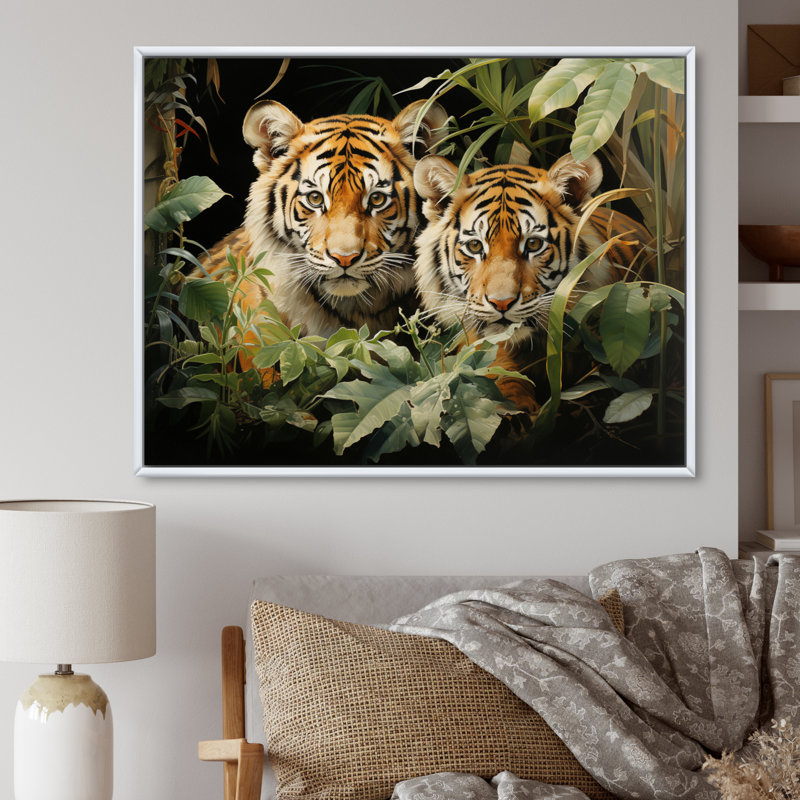Asian Art Tigers In Jungle III - Art mural asiatique, H 12 po x l 20 po x P 1 po, Cadre flottant blanc
