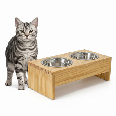 Low-Profile Dog Bowl Set, Featuring A Stainless Steel Bowl And A Wooden Base, Suitable For Small To Medium-Sized Dogs And Cats