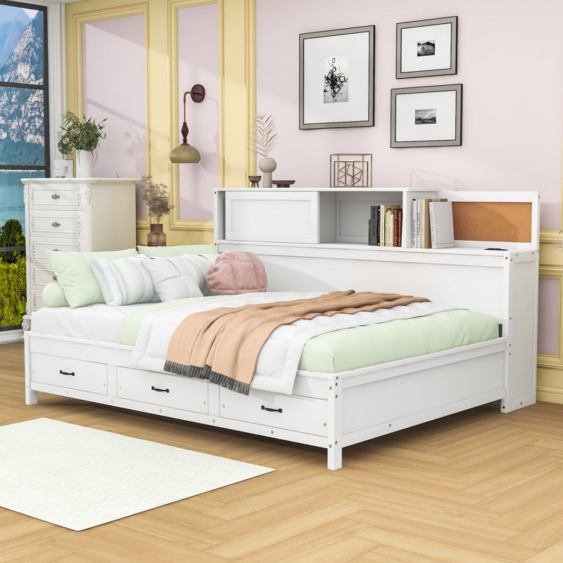 3 Drawers Wooden Daybed with Pushable Shelf, USB & Socket Charging Station, Full, White